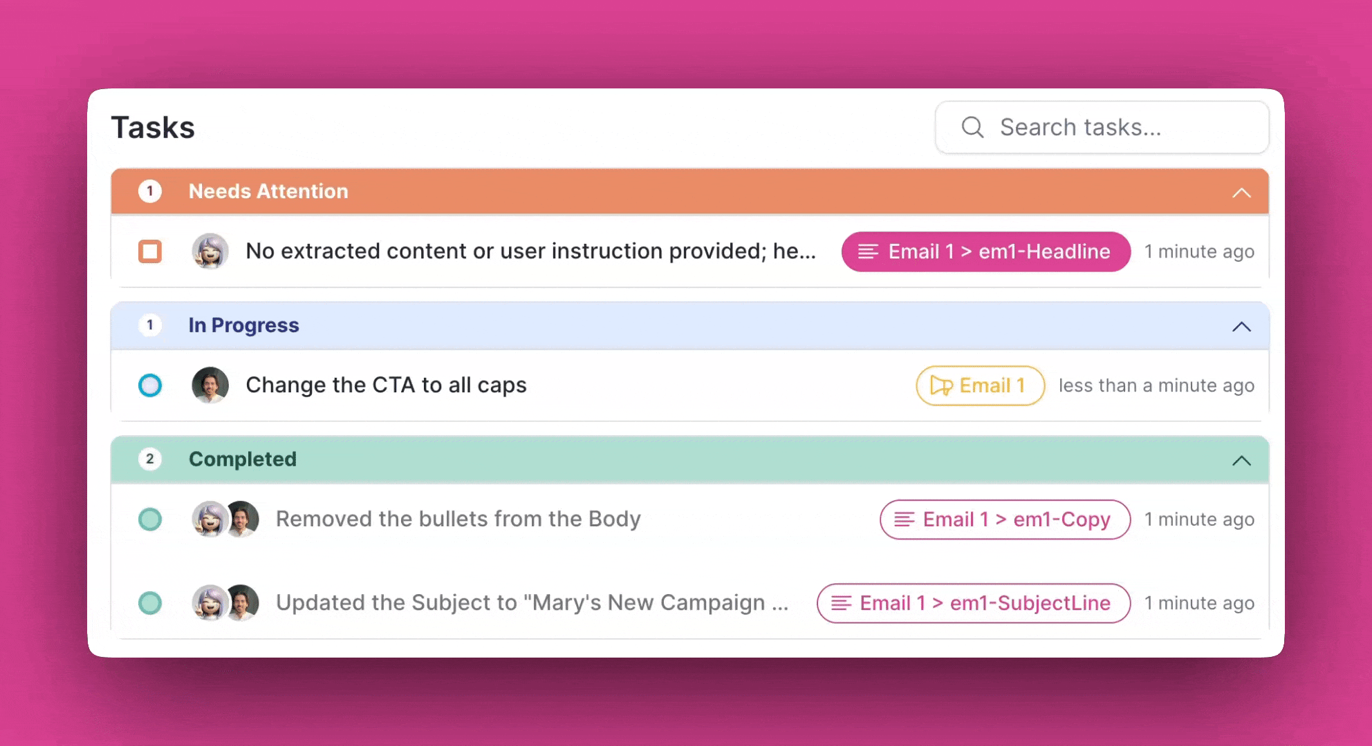 Live task list showing Mary building a complete Marketo program with stakeholder assignments